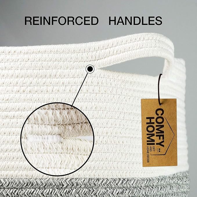COMFY-HOMI XXL Large Laundry Basket with Handles Blanket Baskets Living Room|Woven Cotton Rope Decorative Basket Laundry Hamper Baby Basket Nursery Dog Toy Storage Organizer Bin-16”x18”-White Grey