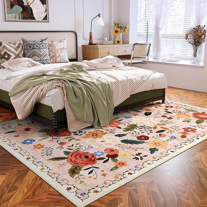 5x7 Washable Area Rug for Living Room, Floral Non-Slip Non-Shedding & Easy Care, Soft Low Pile Boho Indoor Floor Carpet for Living Room, Bedroom, Farmhouse, Dining Room, Kids Playroom, Beige