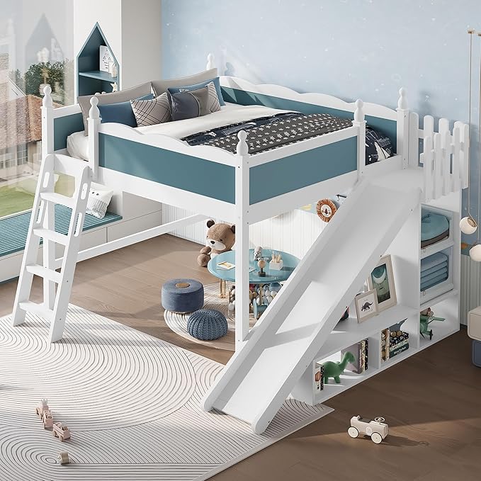 SOFTSEA Queen Size Loft Bed with Slide, Kids Loft Bed with Open Shelves and Cabinet, Playhouse Bed Frame with Detachable Slide and Ladder for Kids Boys, Blue + White