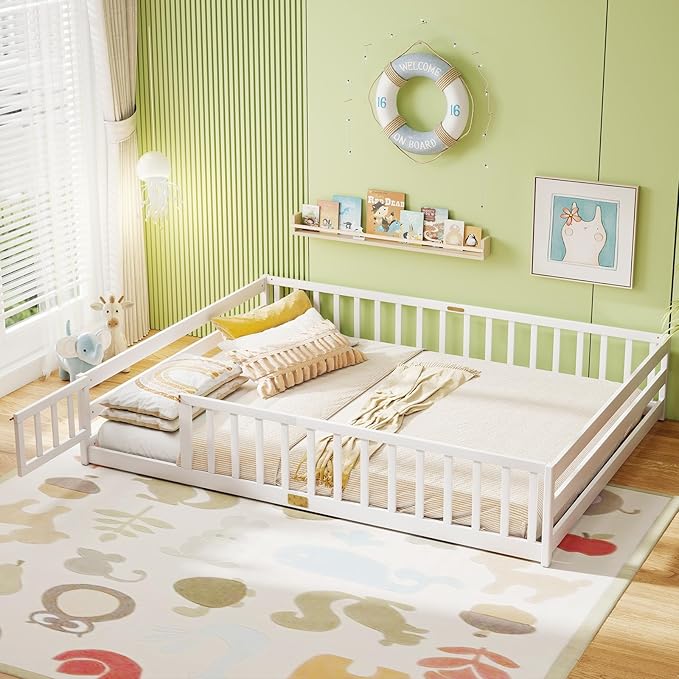 KOMFOTT Queen Size Wood Floor Bed with Door & Fence, Montessori Bed Frame with Full Length Safety Guardrails, Door & Latch, Wooden Montessori Floor Bed for Kids, Girls, Boys (Queen,White)