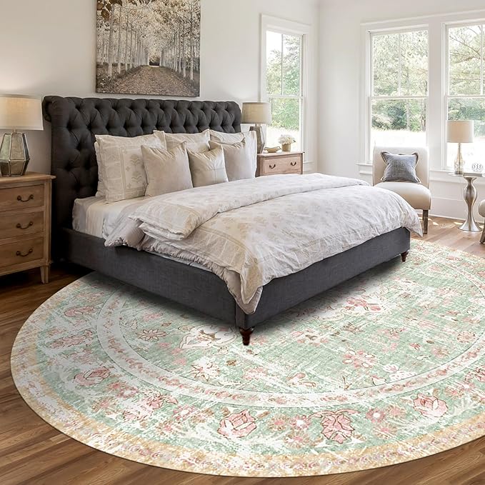 Vhong Boho Area Rugs Vintage Washable Modern Neutral Carpet Green and Pink 9×9 High Traffic Round Rugs for Dinning Room Living Room Bedroom Farmhouse Non Slip