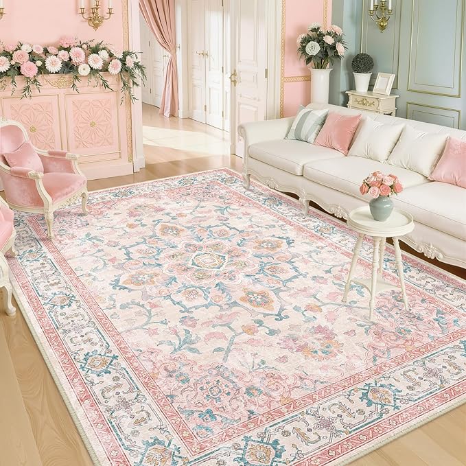 Machine Washable Rugs Nursery Rug 9x12 Cute Girl Non Slip Low Pile Water Repellent Soft Print Pattern for Bedroom Indoor Decor Kids Playroom Pinkteal