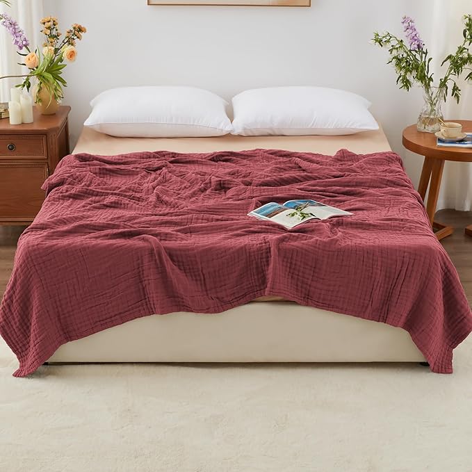 Love's cabin 6 Layer 100% Cotton Muslin Blanket, 108"x90" Muslin King Size Blanket for Bed Couch, Lightweight and Breathable Cotton Gauze for Adult, Wine Red