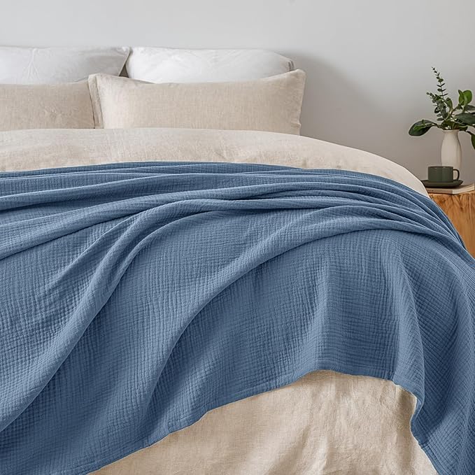 PHF 100% Cotton Muslin Blanket King Size 108"x90", 4-Layer Lightweight Gauze Throw, Breathable Cloud-Soft Minimalist Blanket for Bed, Couch, Camping & Baby, Denim Blue, Ideal Gift