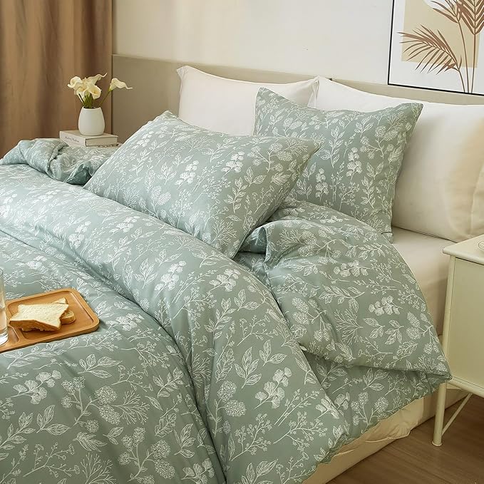 HighBuy 3 Piece Full Duvet Cover for Girl Green Botanical Floral Comforter Cover Full 100% Cotton Garden Chic Bedding Set with 2 Pillowcases All Season Cozy Floral Duvet Cover Set