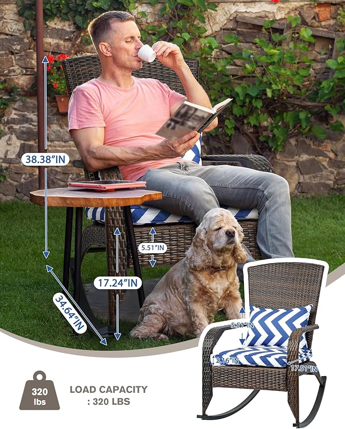 Outdoor Rocking Chair- Outdoor Glider Rattan Rocker Chair with Heavy Duty Steel Frame- All Weather Rocker Chair for Garden, Porch, Backyard, Poolside (Brown Rattan, 320lbs)