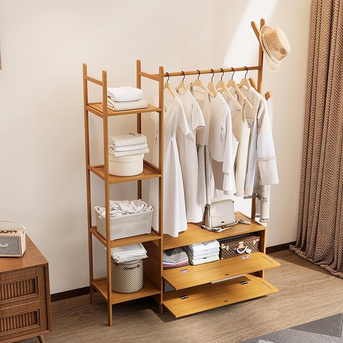 Bamboo Clothes Rack,Garment Rack with Drawers and Shelves,5 Tier Storage Shelves with 6 Hanging Hooks,Coat Rack Closet for Entryway Guestroom Kids Bedroom (39.4inch Width Natural)