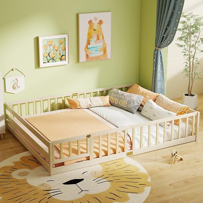 KOMFOTT Queen Size Wood Floor Bed with Door & Fence, Montessori Bed Frame with Full Length Safety Guardrails, Door & Latch, Wooden Montessori Floor Bed for Kids, Girls, Boys (Queen,Natural)