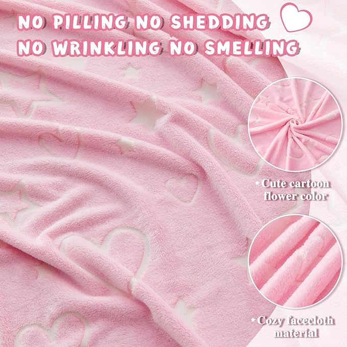 inhand Birthday Gifts Toys for Girl Pink Heart Glow in The Dark Blanket Thanksgiving Throw Blanket Cute Kids Blanket Soft Fleece Throw Blanket for Kids（40x60 Pink Heart）