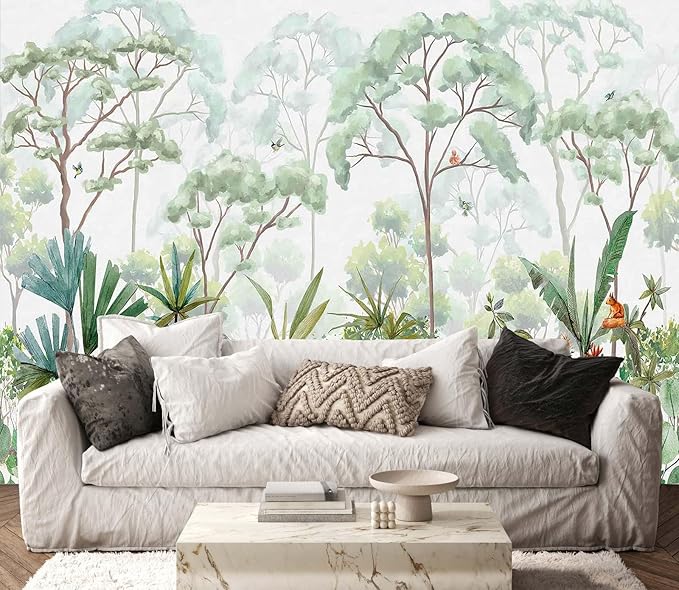 Tropical Forest Wallpaper Mural Green Botanical Leaves Rabbit Wall Mural Watercolor Art for Bedroom Living Room (Not Self-Adhesive)