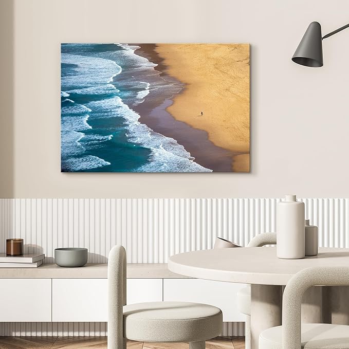 SIGNWIN Canvas Wall Art Serene Ocean Shoreline Aerial Beach View with Rolling Waves and Lone Surfer Photography Modern Art Rustic Landscape Relax/Calm for Living Room, Bedroom - 12"x18"
