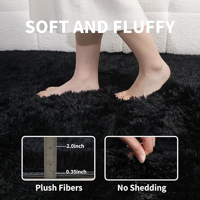Black Fluffy 9x12 Large Area Rugs for Bedroom Living Room, Soft Washable Shag Carpet for Kids Room, Nursery, Dorm Decor, Colorful Cute Plush Fuzzy Rugs for Baby Toddler