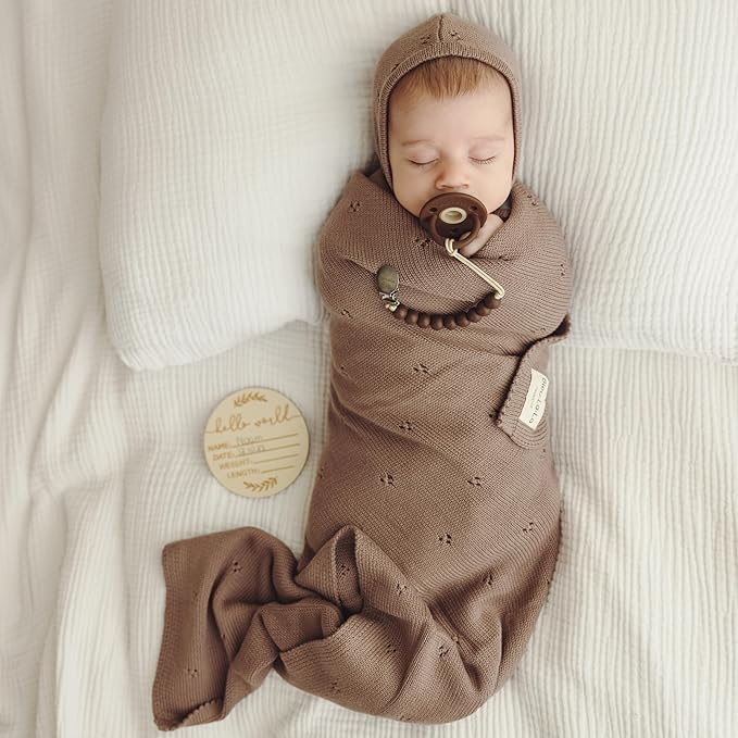 Organic Unisex Pointelle Receiving Swaddle Blanket for Boys & Girls - 100% Luxury Organic Soft Cotton Knit Warm Cozy Cuddle Stroller Blanket for Newborns, Infants, & Toddlers (Mocha)