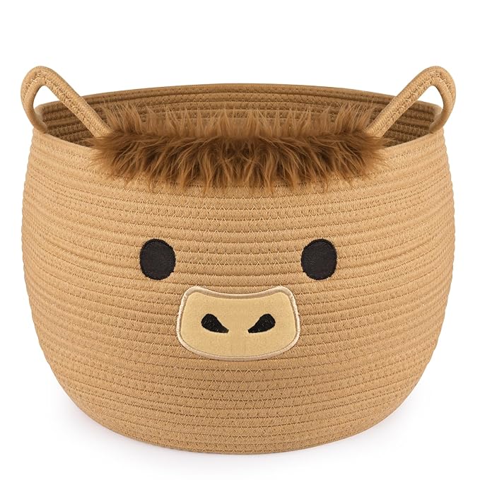 Highland Cute Cow Basket for Nursery, Large Blanket Gift Basket, Woven Rope Cotton Storage, Baby Laundry 0rganizer with Ears Handles, Towels Toy Clothes Gifts Storage Cat Dog Bin,13"D×11.5"H