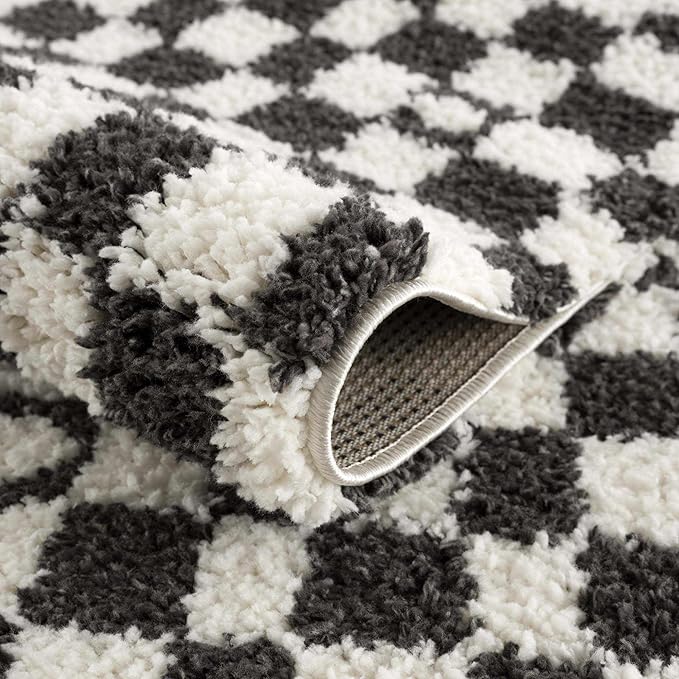Hauteloom Kieu Contemporary Checkered Fluffy Shag Area Rug - Modern Geometric Soft Carpet Tiles for Living Room, Kids Room, Nursery - Black, White - 6'7" x 9'