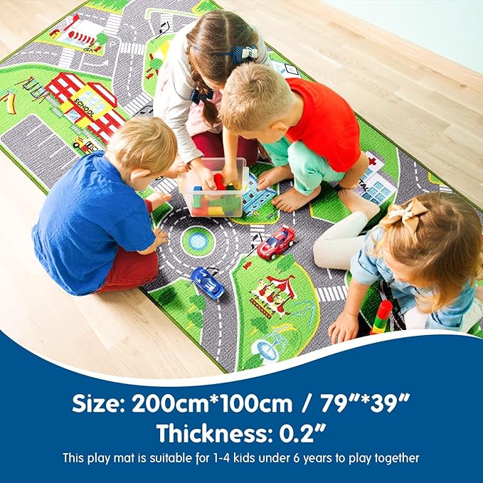 Booooom Jackson Car Rug City Life Great for Kids Toy Cars, Play Learn and Have Fun Safely - Kids Rug Baby Children Educational Road Traffic Play Mat for Bedroom Play Room Game Safe Area(39.37X79 Inch)