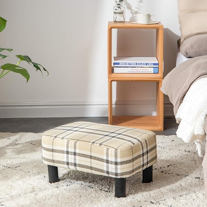IBUYKE 16.54" Small Footstool, Linen Fabric Pouf, with Padded Seat Pine Wood Legs and Padded Rectangular Stool, for Bedroom, Stripe RF-BD215