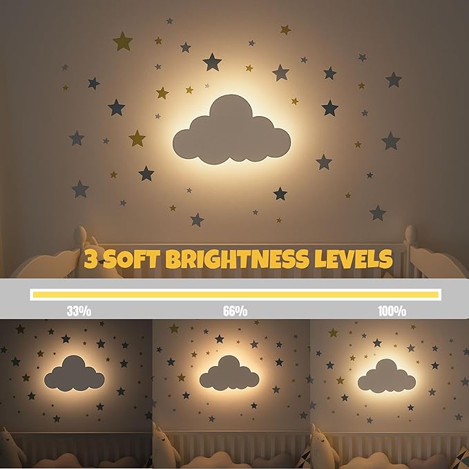 Nursery Night Light – Dimmable Cloud Wall Light for Kids and Baby Room Decor – Rechargeable LED Light with Touch Control for Bedtime Routines (Star Decals Included)
