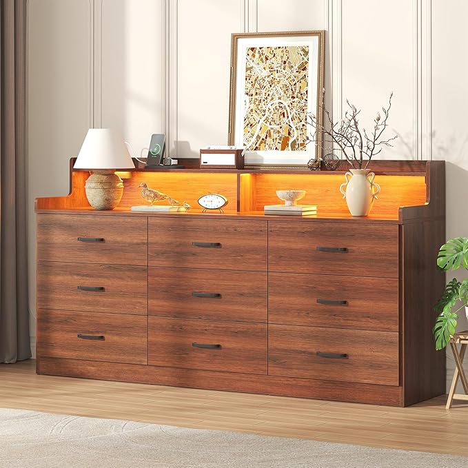 Bigbiglife 9 Drawer Dresser with Built in Power Outlet and LED Light, Modern Chest of Drawers for Bedroom, Triple Wide Drawer Organizer Cabinet for Living Room, Entryway, Hallway, Walnut Brown