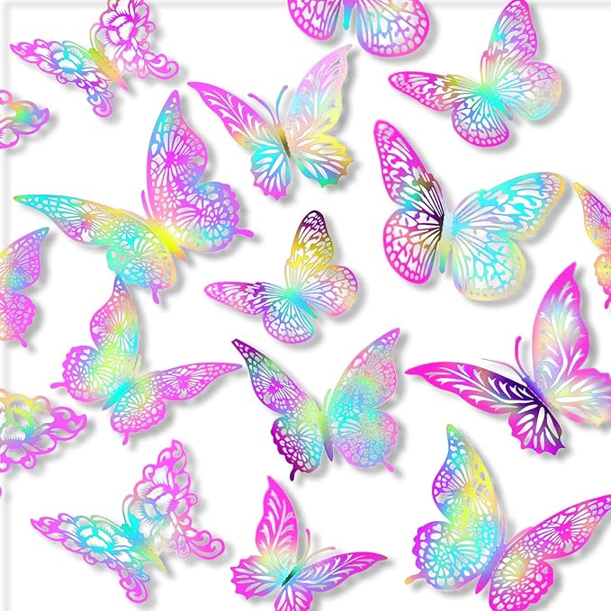 3D Butterfly Wall Decor 3 Sizes 4 Styles Butterfly Party Decorations Cake Decorations Removable Stickers Wall Decor Room Mural Metallic Kids (Laser Pink Purple, 48Pcs)