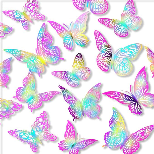 3D Butterfly Wall Decor 3 Sizes 4 Styles Butterfly Party Decorations Cake Decorations Removable Stickers Wall Decor Room Mural Metallic Kids (Laser Pink Purple, 48Pcs)