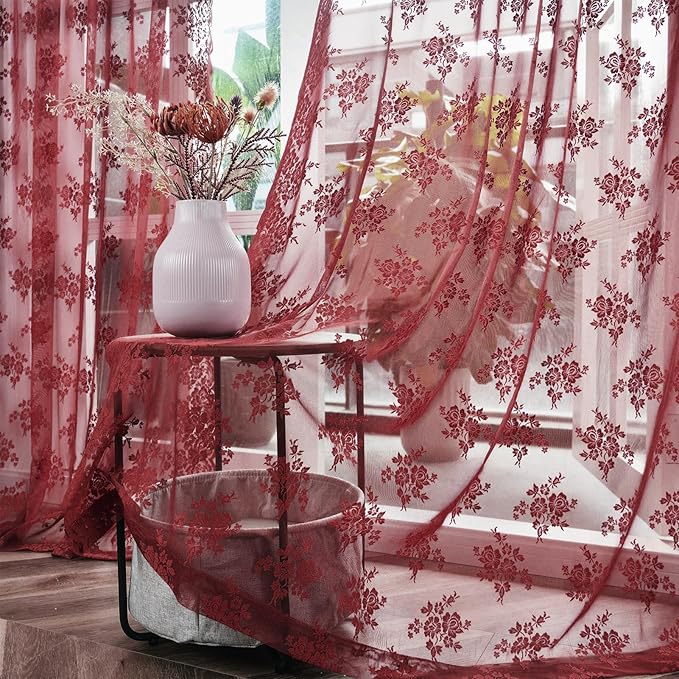 Kotile Burgundy Short Lace Curtains 36 Inch Length 2 Panels Cottagecore Floral Maroon Lace Kitchen Curtains for Windows Over Sink, Rod Pocket Privacy Light Filtering Sheer Curtain Short, 42 x 36 Inch