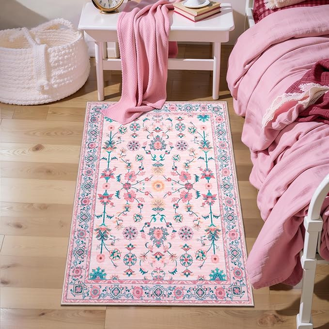 Tangsoo Pink Small Rug for Entryway, 2x3 Washable Entry Rug for Girls Nursery Bedroom Bedside, Non Slip Floral Area Throw Rugs Soft Cute Floor Carpet Indoor Mat for Entrance Kitchen Bathroom