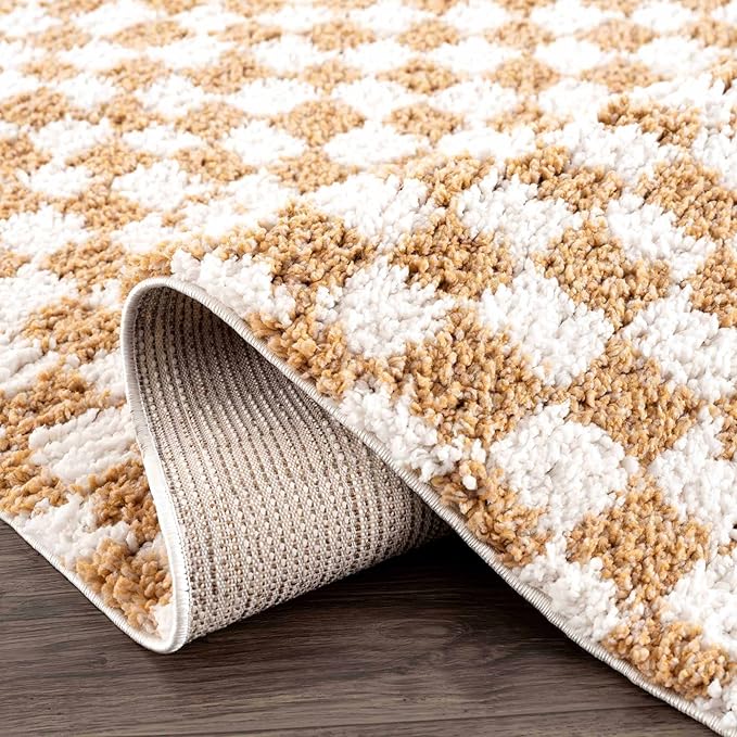 Hauteloom Kieu Contemporary Checkered Fluffy Shag Runner Rug - Modern Geometric Soft Carpet Tiles for Hallway, Kids Room, Nursery - White, Yellow - 2'7" x 7'3"