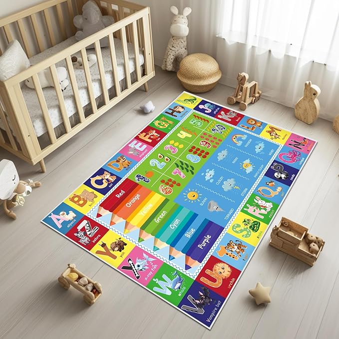 Baby Play Mat, ABC Rug for Kids Playroom, Non Slip Washable Toddler Floor Mat, Alphabet Numbers Colors Weather Learning Classroom Rug for Nursery or Preschool, 3x5 ft