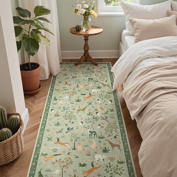 Runner Rug Non Slip 2'6''x 6', Floral Animal Print Rug Machine Washable Rug, Non Slip Low Pile Hallway Runner Carpet for Kitchen, Laundry, Bedroom, Bathroom, Light Green
