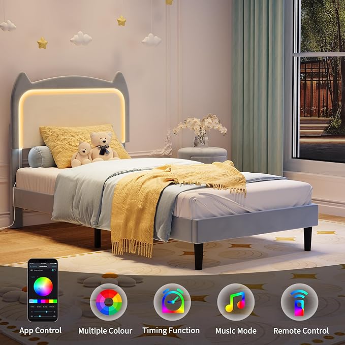 Twin Princess Bed Frame for Girls with LED Lights & Heavy-Duty Bed Leg Supports - Blue Velvet Upholstered Cat Headboard Platform Bed - Enhanced Stability, No Box Spring Needed, App/Remote Control