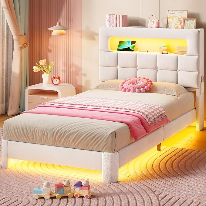 MSmask Twin Upholstered LED Bed Frame with 2-Tier Storage Bookcase Headboard, Velvet Princess Bed with Crystal Button Tufted Headboard & Charging Station, Girls Platform Bed, Curved Legs, White