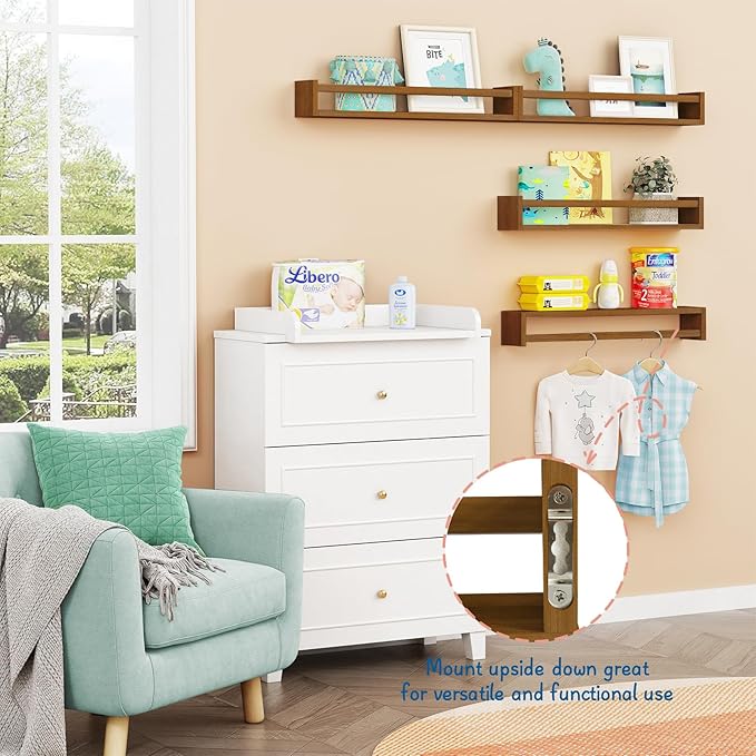 Forbena Solid Wood Floating Nursery Book Shelves for Wall, Walnut Nursery Bookshelf Wall Mounted for Bedroom, Large Kids Floating Bookshelves for Children Toys Classroom Books Art Decor (Dark Brown)
