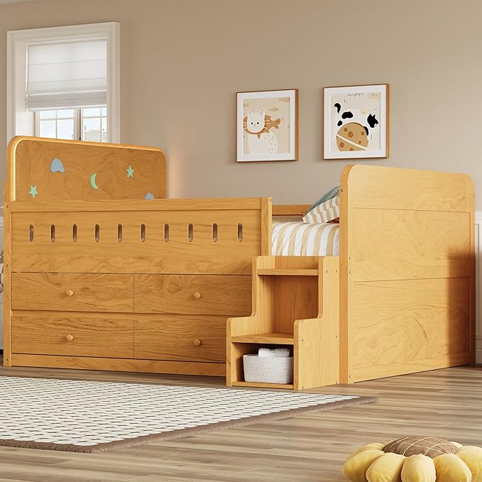 Full Size Platform Bed with Guardrail and 4 Drawers, Wooden Kids Platform Bed Frame with Two-Step Staircases and Light Strip for Boys Girls, Sturdy Slats Support (Wood-11A)
