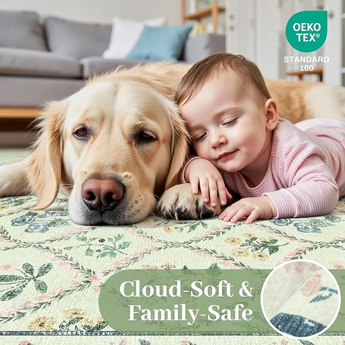 8x10 Washable Rug for Living Room,Green Floral Rugs for Bedroom,Boho Large Non Slip Ultra-Thin Distressed Farmhouse Carpet for Kids Playroom, Classroom, Girls Dorm, Nursery, Green Mult