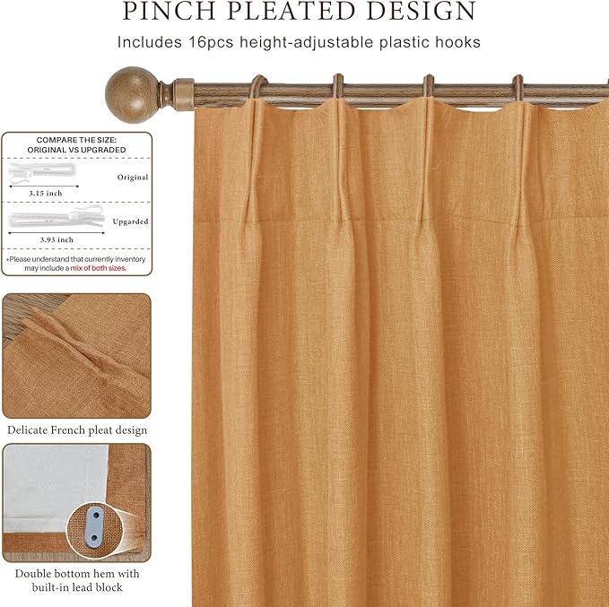 IVAPUPU Linen Pinch Pleated Full Blackout Curtains for Bedroom - 2 Pages Black Out Gold Curtains 108 Inch Long 2 Panel for Living Room Darkening Thermal Window Curtain Drapes with 16pc Hooks