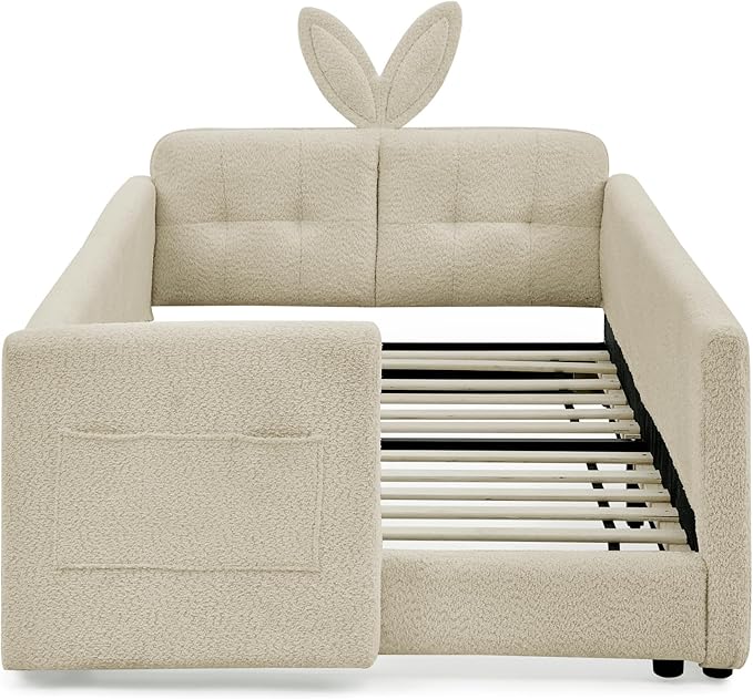 DEINPPA Twin Size Platform Bed Frame with Rabbit Ear Shaped Headboard and Pocket, Boucle Upholstered Bed Frame with Guardrail for Children Kids Boys Girls-Camel