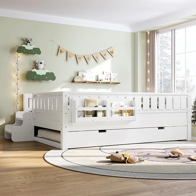 Bellemave Full Bed with Trundle and Stairs, Full Size Platform Bed Frame with Fence and Bookshelf, Easy Assemble Beds for Kids, Girls, Boys, White