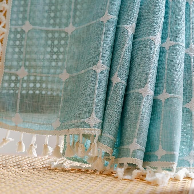 Deeprove Green Boho Curtains 96 Inches Long for Bedroom Nursery Room, Cotton Linen Lattice Plaids Embroidery Semi Blackout Bohemian Window Treatment Grids Drape Tassels, 1 Panel W52 x L96, Aqua
