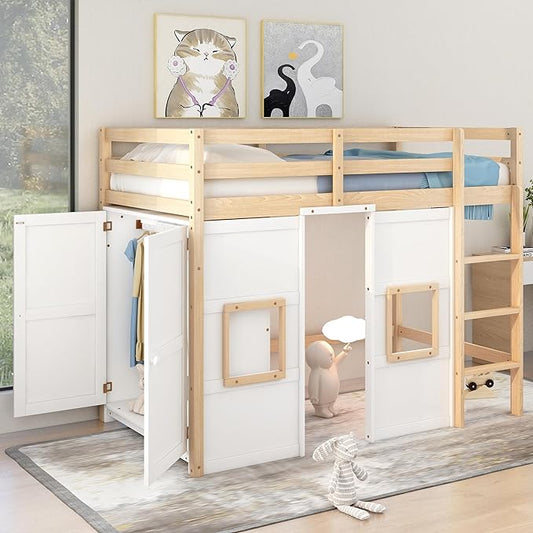 Playhouse Design Twin Size Loft Bed with Built-in Storage Wardrobe and 2 Windows, Solid Wood Loft Bed Frame with Safety Guardrail for Kids Teens Boys Girls, Space-Saving (Whit+Natural)