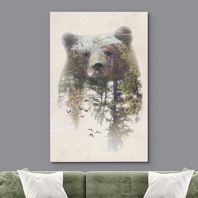 SIGNWIN Canvas Wall Art Bear and Spring Forest Double Exposure Photography Animals Wildlife Digital Art Modern Art Rustic Portrait Edgy for Living Room, Bedroom, Office - 32x48 inches
