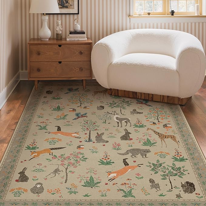 Rugs for Living Room 5x7 Floral Animal Print Area Rug Machine Washable Rug, Non Slip Low Pile Carpet for Bedroom, Entryway, Light Taupe