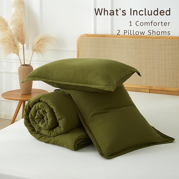 Muslin Comforter Set King Size, Cotton Cover & Polyester Filling, Breathable & Linen Like & Suitable for All-Season Use,3 Pieces(1 Comforter 104"x90", 2 Pillow Shams 20"x36"), Olive Green