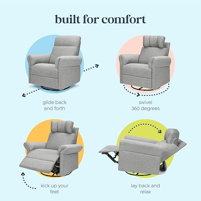 Davinci Suzy Flex Nursery Recliner and Swivel Glider with Adjustable Headrest and Armrests, High Pillowback in Frost Grey | GREENGUARD Gold, FSC, CertiPUR-US® Certified