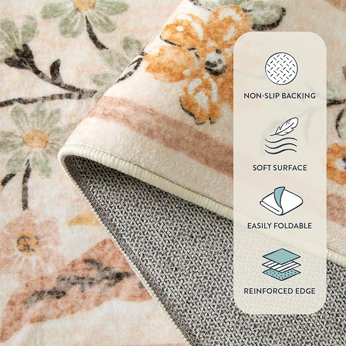 Lahome Fall Boho Washable Area Rugs 5x7 for Bedroom, Bohemian Brown Rugs for Living Room, Soft Floral Thin Carpet for Kids Room Apartment Dorm Home Decor, Ochre Fall