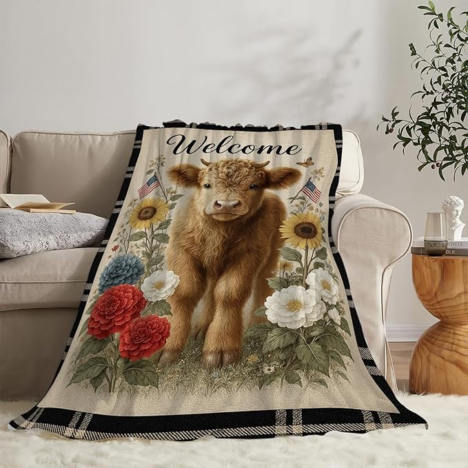 Highland Cow Blanket Farmhouse Cow Throw Blanket Soft Cozy Fleece Fuzzy Plush Warm Stuff Bedding Farm Animal Blankets Gifts for Boys Girls Kids Adult Men Women 50"X60"