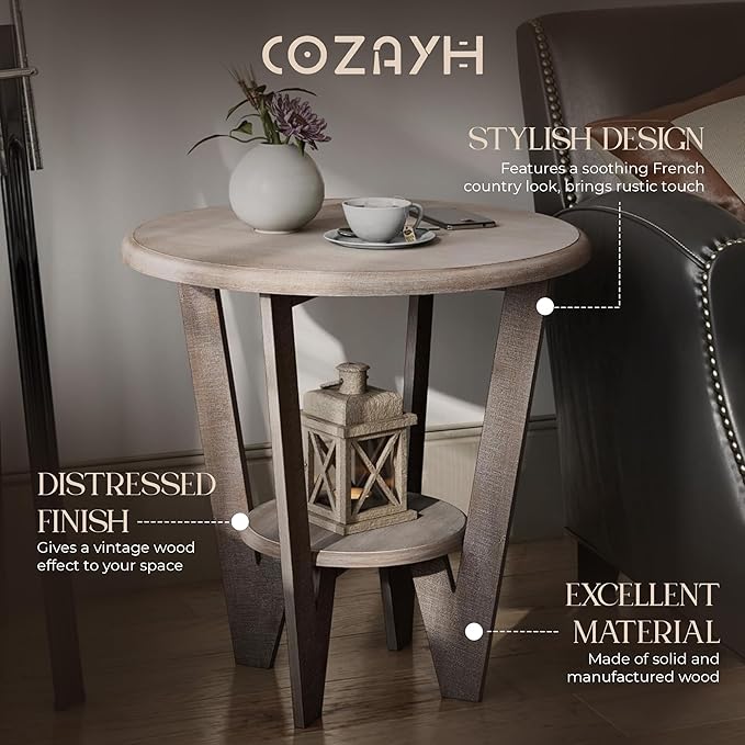 Rustic Farmhouse end Table with Storage Shelf, French Country Accent Side Table for Family, Dinning or Living Room, Small Spaces, Modern, Round, Vintage Grey Finish