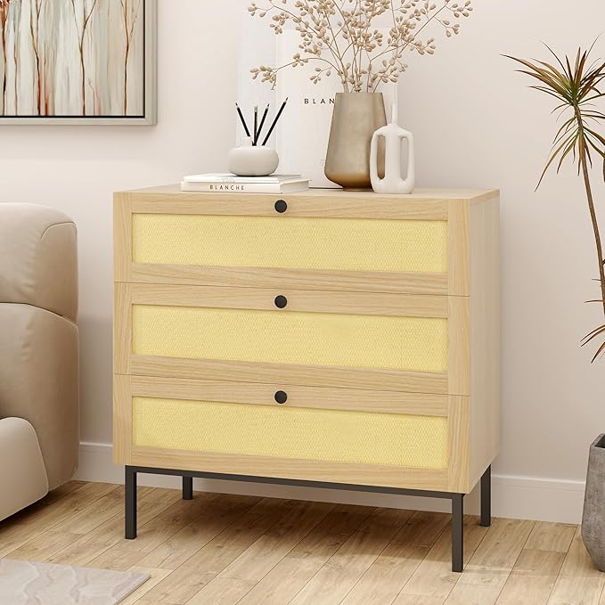Rattan Dresser, Boho Dresser with 3 Drawers, Modern Dressers with Iron Legs, Wooden Dressers for Bedroom, Hallway, Office, Yellow