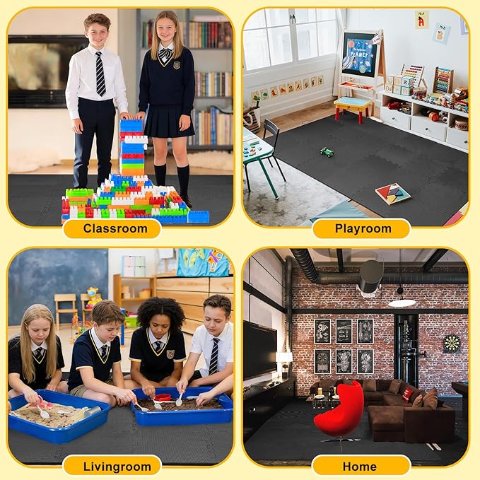 Nuanchu 60 PCS Kids Foam Puzzle Floor Mat Bulk - Solid Color Foam Play Mat with Borders Interlocking Multi Use Floor Rug for Children, 12 Inch(Black)