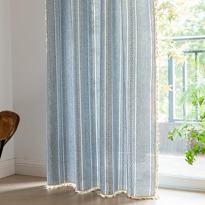 Deeprove Blue Boho Curtains 90 Inches Long Linen Textured for Living Room Light Farmhouse Bohemian Sheer Hollow Striped Chic Drape Window Treatment for Bedroom 1 Panel W52 x L90